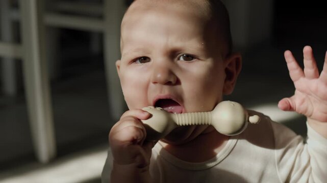 Infant in the teething phase crawling on an indoor floor and biting a silicone teether. Strong sunlight casts distinct shadows across the baby's face and body during daytime.