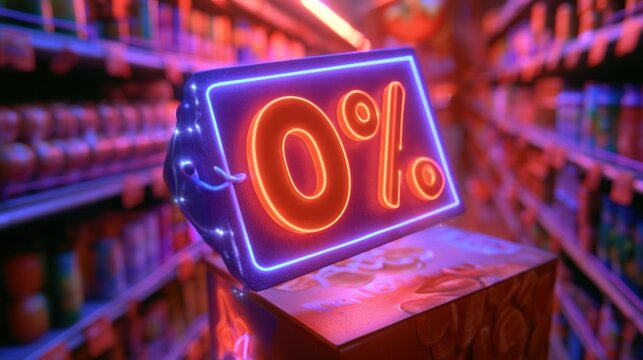 A glowing coupon tag hovers over a generic product in a bright store, creating a deal moment with copy space available for text.