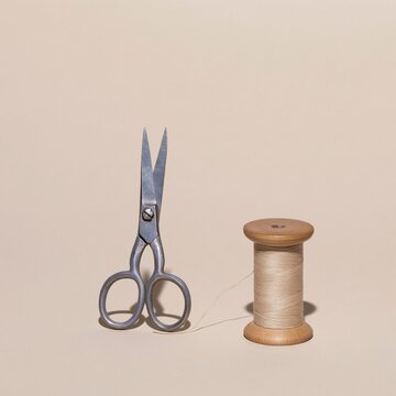 Forged steel scissors and a wooden spool of ecru thread, featuring a matte metallic finish and natural grain for sewing supplies and haberdashery