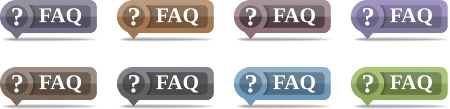 Glossy FAQ Web Button Vector Icon Set with Question Mark Speech Bubble Tooltip Badges in Multiple Colors for Website Help and Support UI Design