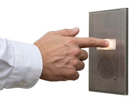 Business professional hand pressing illuminated elevator button on modern metallic wall panel isolated on white background for high quality corporate security and building access control photography