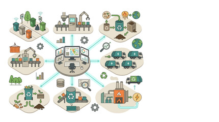 Fototapeta premium Sustainable Smart Waste Management System Infographic with IoT Monitoring, Recycling, Composting, and Green Energy Production