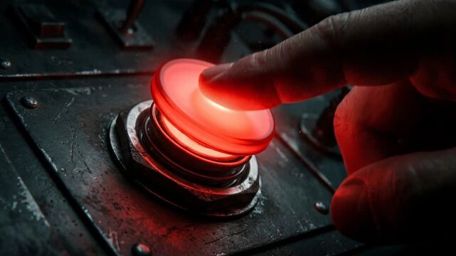 Hand depresses luminous red push button on worn metal console, conveying suspense and urgent control. Glowing switch remains central while industrial machinery and shadowed wiring create futuristic