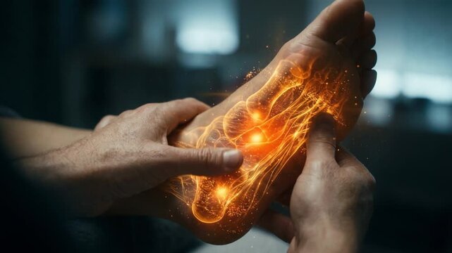 Hands massage glowing human foot with luminous nerves, expressing relief during therapeutic care. Foot treatment uses orange medical visualization to suggest pain management, anatomy, and wellness