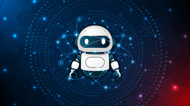 Artificial intelligence robot. Modern technology. Intelligent assistant robot of the future world. Chatbot mascot on a blue background.