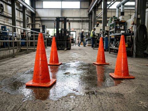 Safety cones marking a wet area in an industrial warehouse with workers and forklift