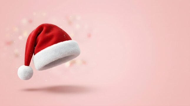 Festive red santa hat floating in the air on a soft pink pastel background holiday season