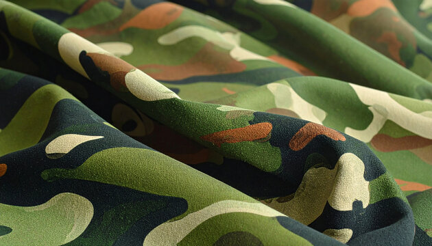 Close-up of ruffled green military camouflage pattern fabric texture background.