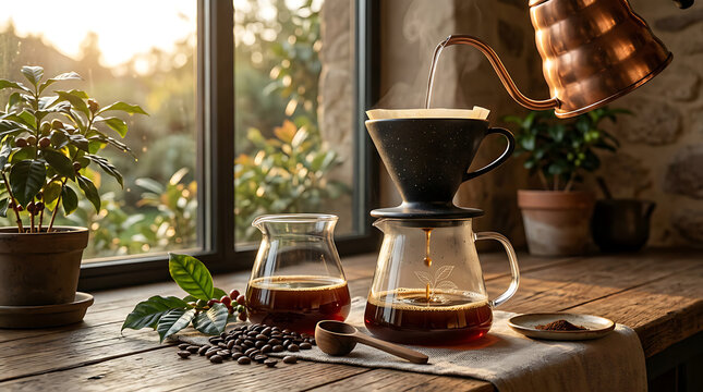 Manual pour over coffee brewing process on a rustic wooden table