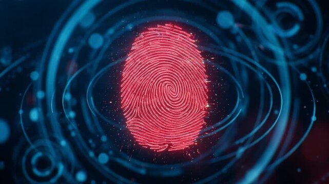 Digital fingerprint pulses amid circular interface graphics during identity verification. Biometric scan stays centered while luminous red ridges and blue technical patterns create secure futuristic