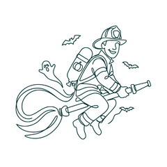 Fototapeta premium Firefighter kid flying on broom costume with ghost and bats line art