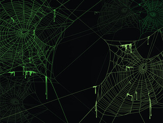 Plakat detailed neon green spider web with drops of poisonous slime dripping against black wall - halloween theme dark realistic copy space vector silhouette background with empty toxic trap outlines