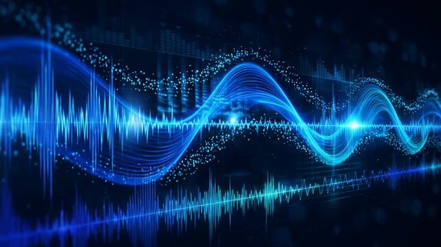 Blue sound waves flow through abstract digital space with bright frequency spikes. Audio visualization combines luminous curves, equalizer details and particles for dynamic electronic design.