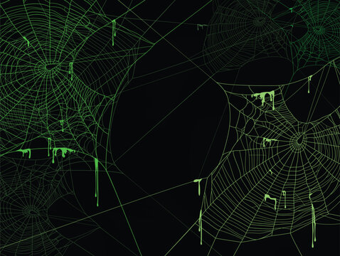 detailed neon green spider web with drops of poisonous slime dripping against black wall - halloween theme dark realistic copy space vector silhouette background with empty toxic trap outlines