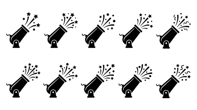 Row of black confetti cannon icons on white background.