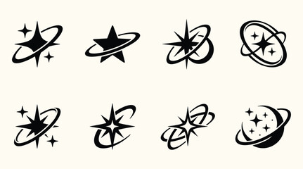 Fototapeta premium Star Orbit Icon Set, Y2K Sparkle Ring Vector Collection, Retro Futuristic Space Symbol Designs for Sticker and Branding Design