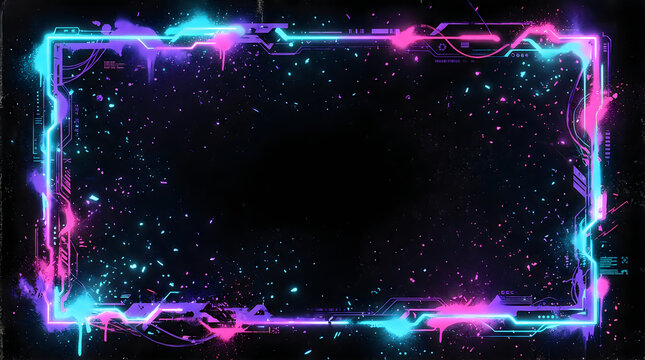 Neon glowing digital frame with futuristic border