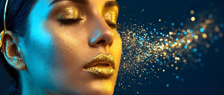 Beautiful woman face with gold makeup and glitter particles on blue background.