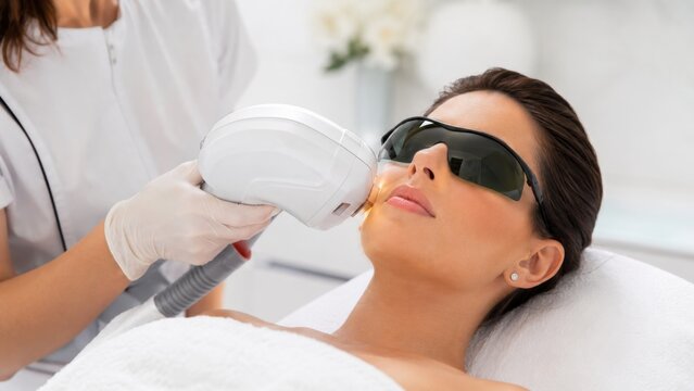 Woman receiving professional light facial treatment with protective eyewear in beauty clinic