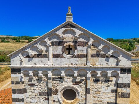 Detail of facade of San Michele di Salvenero church in Ploaghe. Sardinia, Italy
