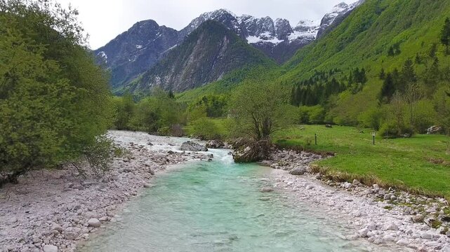 Aerial view of Soca river and mountains in Slovenia.