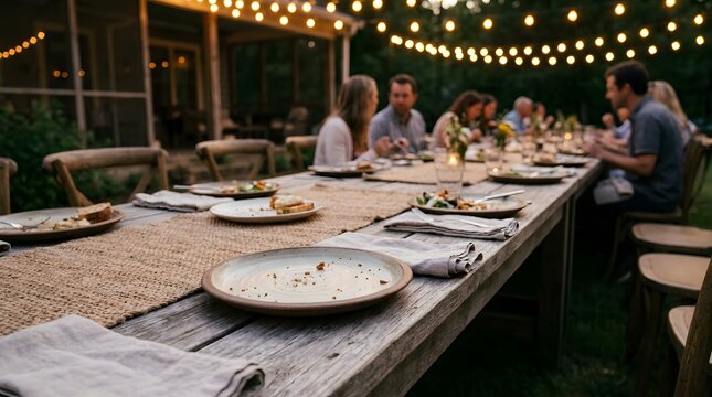 Group of friends having a festive outdoor dinner party at a long wooden table during dusk
