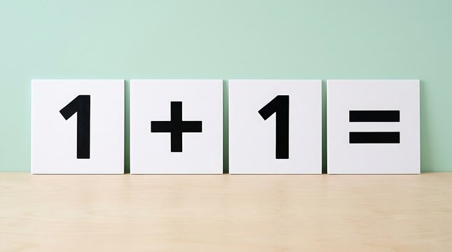 Mathematical addition concept with white tiles showing one plus one equals equation. Simple arithmetic calculation on wooden table. Basic math education and logic problem for learning.