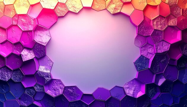 Abstract hexagon frame background with vibrant purple and pink textured 3D geometric cells