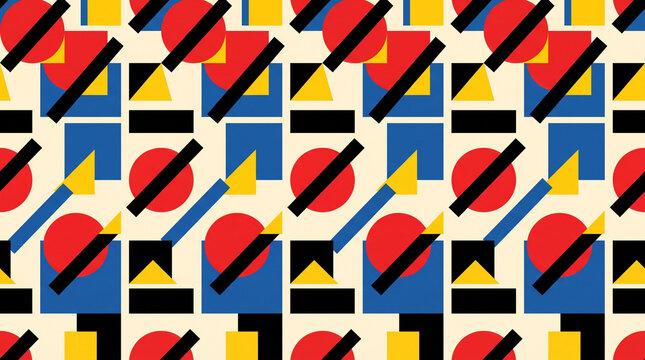 Seamless Bauhaus Inspired Primary Color Geometric Shape Pattern
