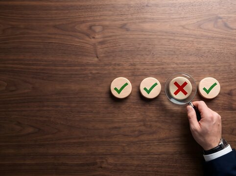 A close-up shot of a hand holding a magnifying glass to inspect a red 'X' mark among green checkmarks on a dark wood background, illustrating error detection, audit, and quality control concepts.
