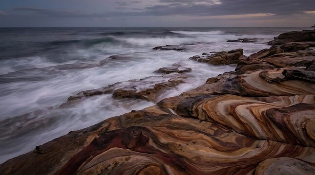 Rugged rocky shoreline with long exposure ocean waves.