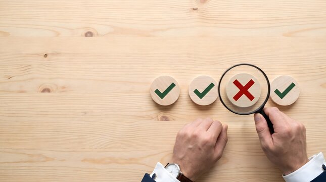 Magnifying Glass Focusing on Red Cross Mark Among Green Checkmarks for Business Audit and Quality Inspection
