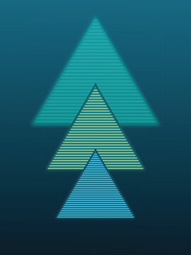 Abstract neon glowing triangular shapes stacked vertically with gradient lines on dark blue background