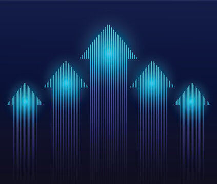 Abstract technology concept with glowing vertical light streaks forming five upward arrows on a dark blue background symbolizing growth, success, and business progress