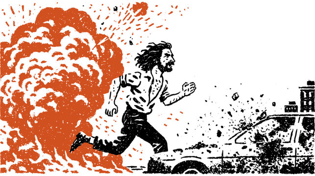 Man running from a blank orange explosion cloud with copyspace for text
