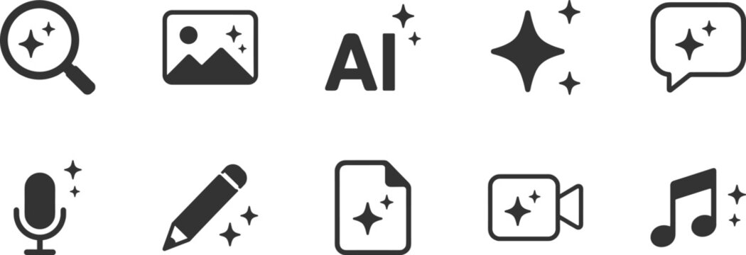 Modern Generative AI Icon Set with Sparkle Symbols for Artificial Intelligence Content Creation Image Audio Video and Text Generation UI Elements for Apps and Websites