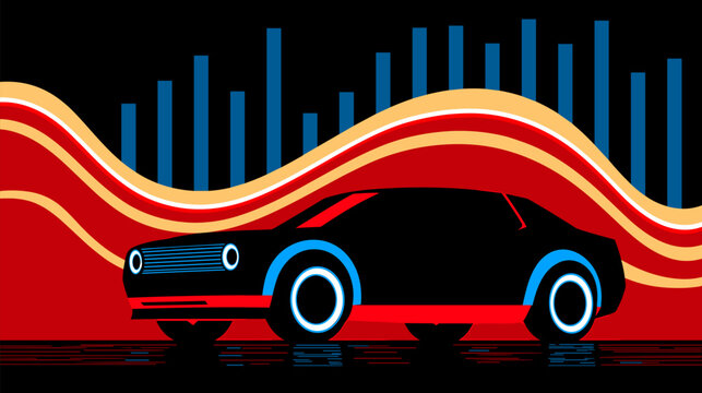 Retro custom coupe cruising beneath colorful audio waves and blue equalizer bars
