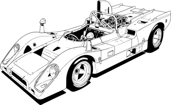 Vintage racing car illustration with detailed outline design and rear spoiler in side view
