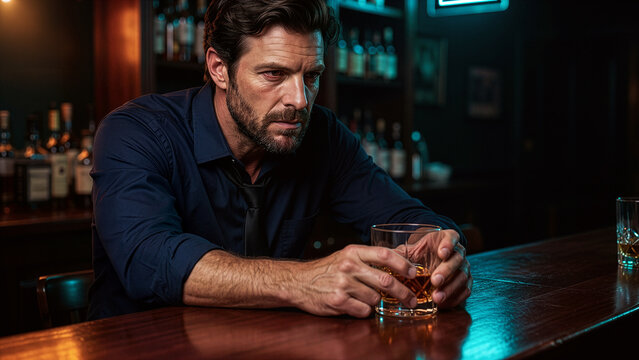 depressed man drinking whiskey alone at bar counter