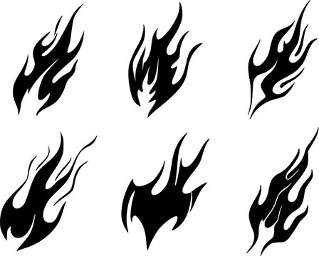 Set of six black flame icons in different shapes on white background