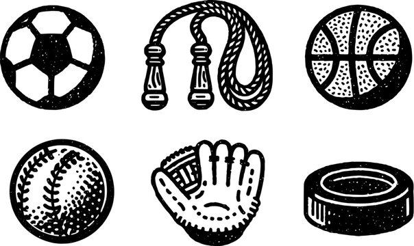 Hand drawn sports icons featuring soccer, skipping rope, basketball, baseball glove, baseball and hockey puck