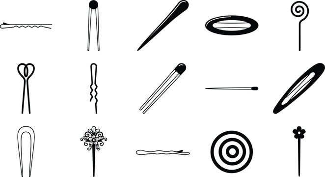 Hair accessory icons set featuring various styles of hair clips pins ornamental headwear hair accessories bobby pins