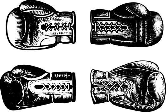 Four vintage boxing gloves shown from different angles in detailed black engraving