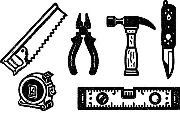 Hand-drawn linocut style set of workshop tools on a white background