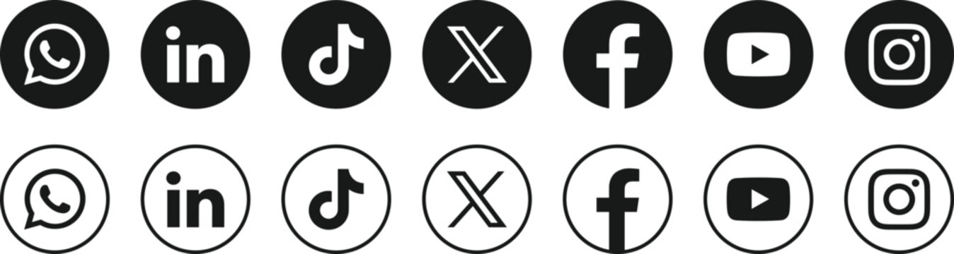 Social media logo icons vector set featuring Facebook, Instagram, X, YouTube, LinkedIn, WhatsApp and TikTok in black and white circle round button variations for modern web designs.