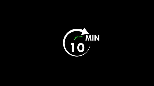 10-minute timer vector icon symbol for countdown clock stopwatch for quick time management schedule isolated on black background.