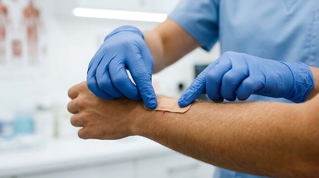 Medical professional in blue scrubs and nitrile gloves applying adhesive bandage to patient arm after medical procedure in clean clinical setting for first aid and healthcare treatment photography