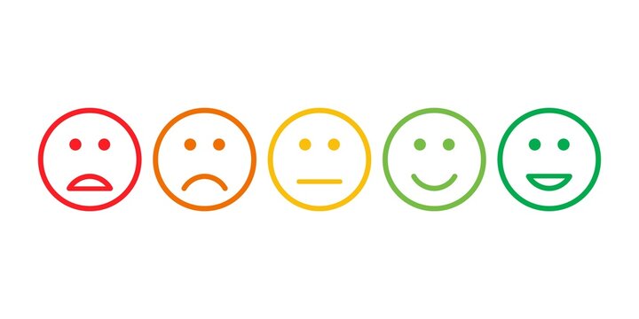 Customer satisfaction rating scale with five colorful facial expressions from unhappy to happy.