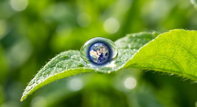 Macro Water Droplet on Green Leaf Reflecting a Tiny Detailed World Map Globe