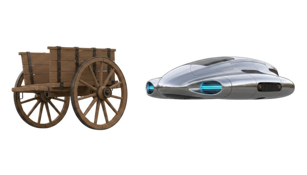 Old Wooden Cart and Futuristic Vehicle Comparison